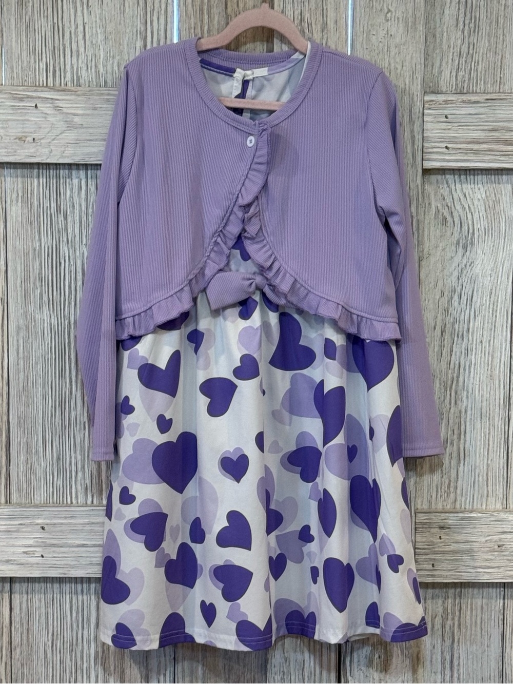 Unbranded Girls' Lavender Heart Print Dress with Bolero Sz 130 (6/7).